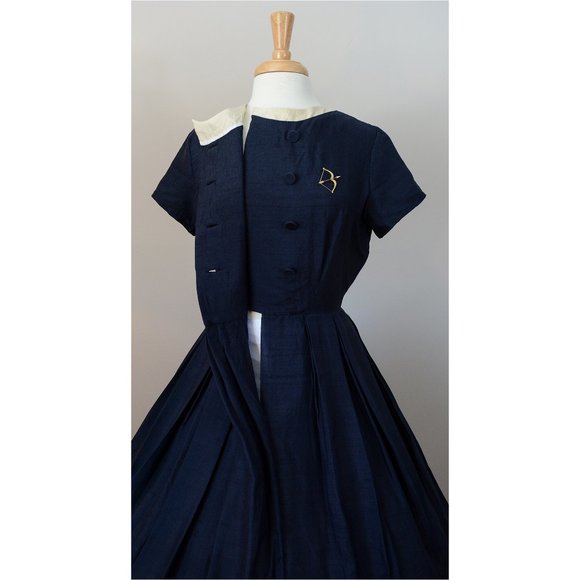 Vintage 1950s Navy A-Line Dress Midi 50s Silk S Sm - Picture 7 of 10